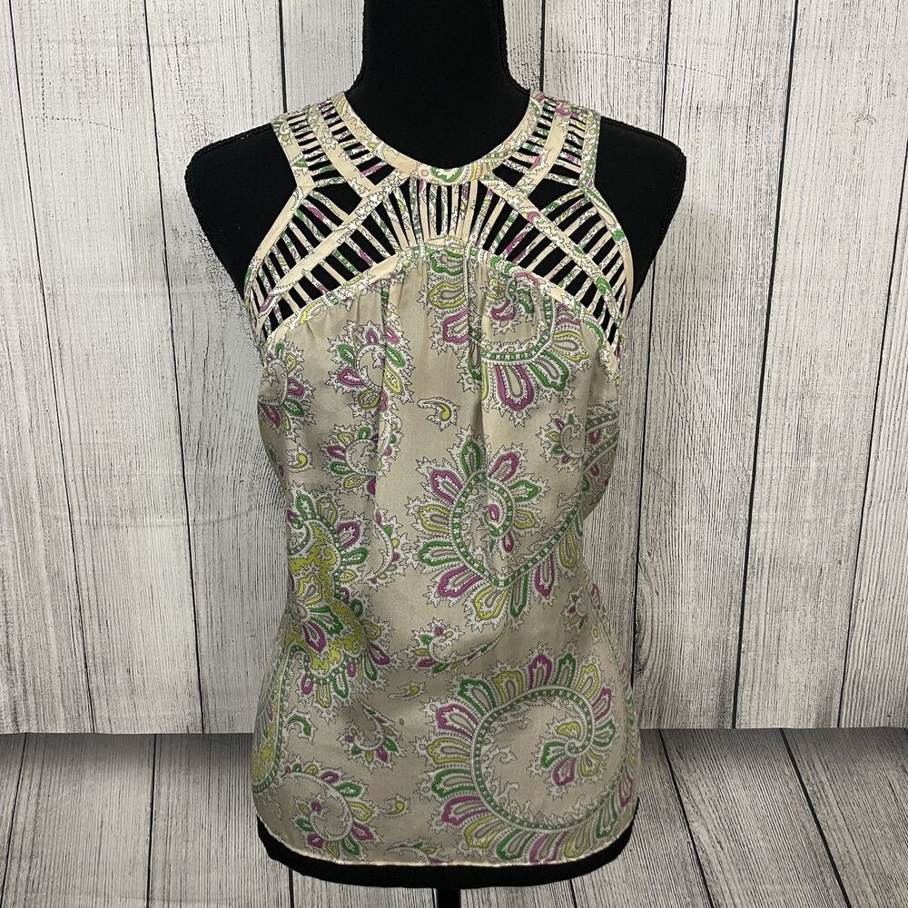 Anthropologie Leifnotes Women's Size 2 Multicolor Paisley Silk Lattice Trim Top